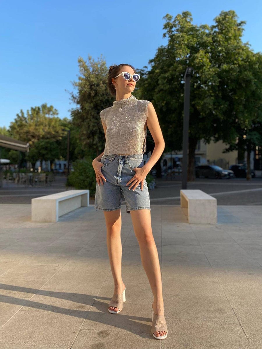 SHIHAN 7 colors Diamante chainmail high neck top shiny sparkling party crystal metallic crop tops women vest