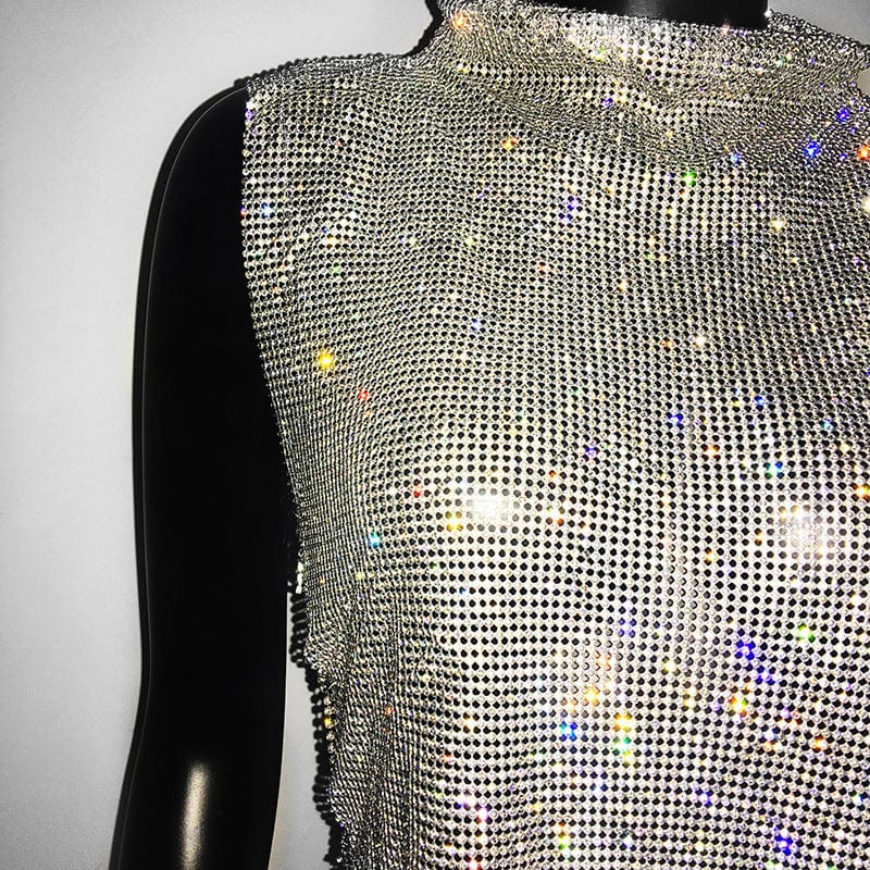 SHIHAN 7 colors Diamante chainmail high neck top shiny sparkling party crystal metallic crop tops women vest