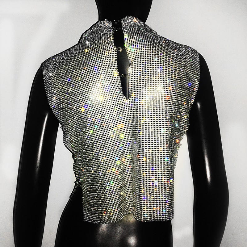 SHIHAN 7 colors Diamante chainmail high neck top shiny sparkling party crystal metallic crop tops women vest