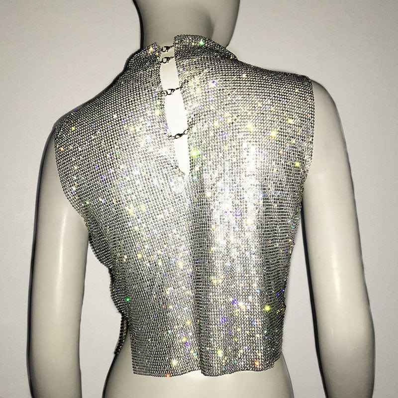 SHIHAN Diamante chainmail high neck top 7 colors rhinestone birthday party shiny sparkle crop tops women vest