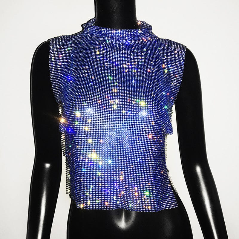 SHIHAN Diamante chainmail high neck top 7 colors rhinestone gold metallic crop top women sparkle shiny vest