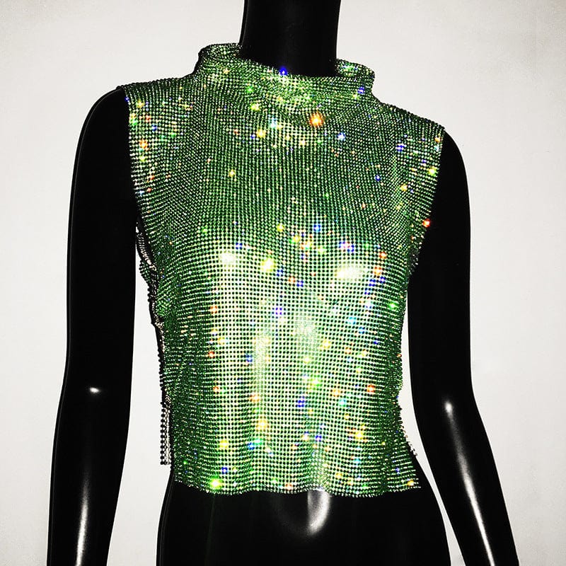 SHIHAN Diamante chainmail high neck top 7 colors rhinestone gold metallic crop top women sparkle shiny vest