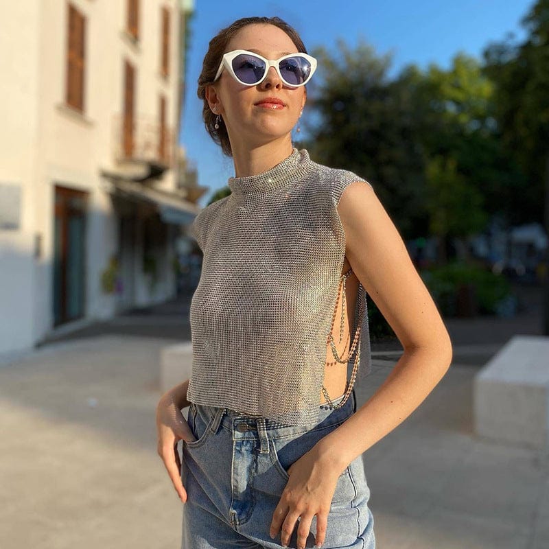 SHIHAN Diamante chainmail high neck top 7 colors rhinestone gold metallic crop top women sparkle shiny vest
