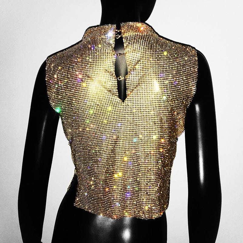 SHIHAN Diamante chainmail high neck top 7 colors rhinestone gold metallic crop top women sparkle shiny vest