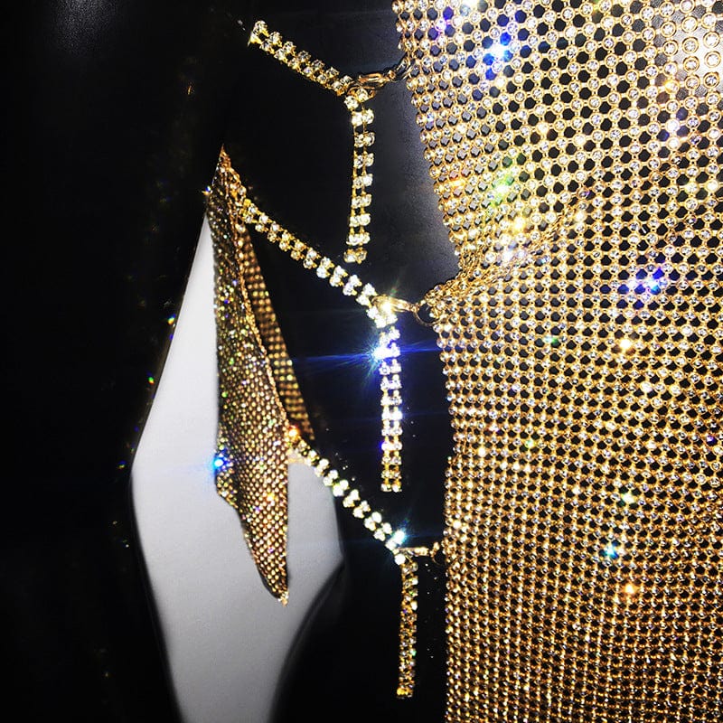 SHIHAN Diamante chainmail high neck top 7 colors rhinestone gold metallic crop top women sparkle shiny vest