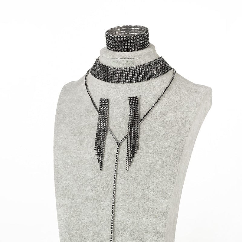 SHIHAN New Diamond 10 rows long necklace rhinestone hand ring tassel long earrings three-piece set of accessories jewelry set