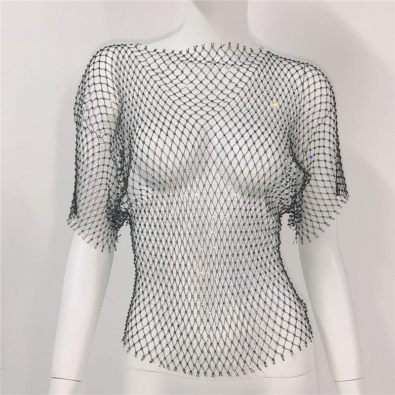 SHIHAN Sexy New Mesh Rhinestone Long Sleeve T Shirt Women Hollow See-through Fishnet Tops Summer Casual Shirt Party Club Women