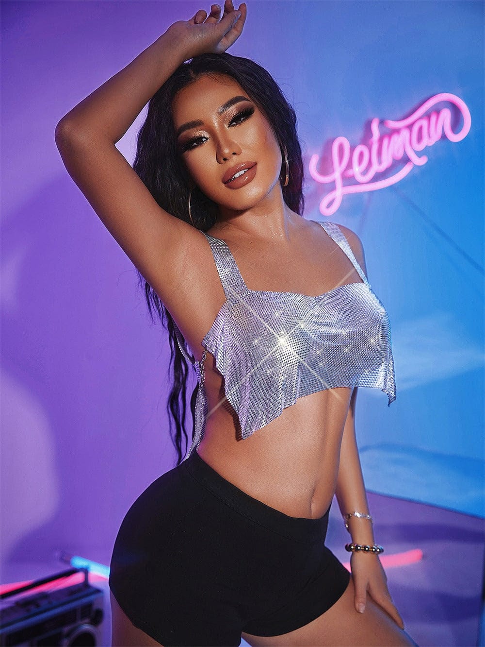 SHIHAN Silver Metallic crop top chainmail party aluminium silver chain crop top women vest