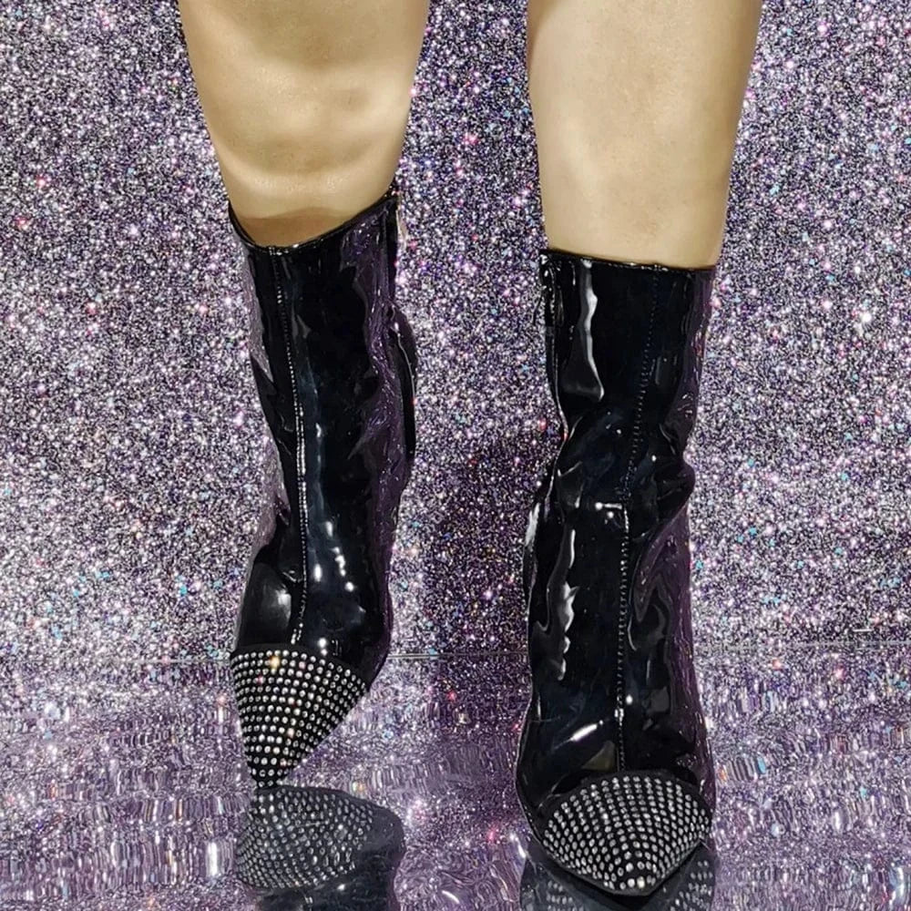 Shiny Diamonds Women Stiletto Thin Heels Short Boots Big Size 47 Patchwork Luxury Patent Shoes Dress Wide Fit Ankle Booties