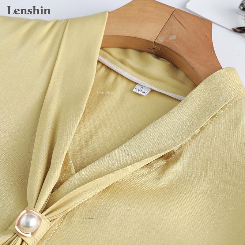 Shiny Fabric Shirts for Women V-neck Blouse with Bow Work Wear Office Lady Female Tops Chemise Loose style