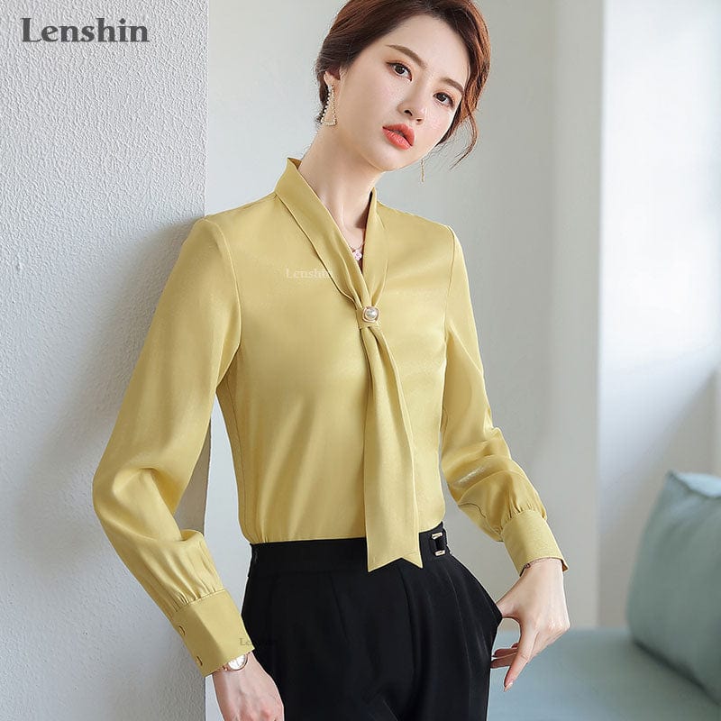 Shiny Fabric Shirts for Women V-neck Blouse with Bow Work Wear Office Lady Female Tops Chemise Loose style
