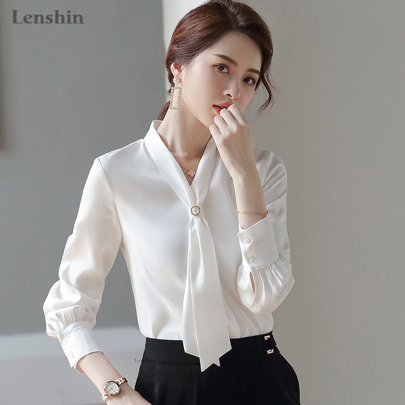 Shiny Fabric Shirts for Women V-neck Blouse with Bow Work Wear Office Lady Female Tops Chemise Loose style