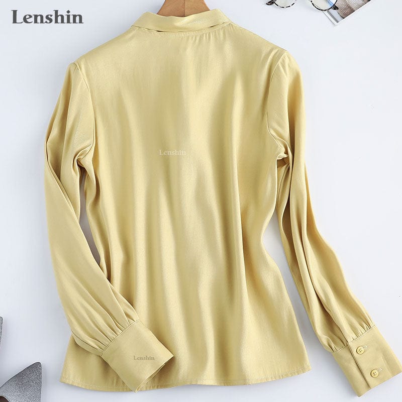 Shiny Fabric Shirts for Women V-neck Blouse with Bow Work Wear Office Lady Female Tops Chemise Loose style