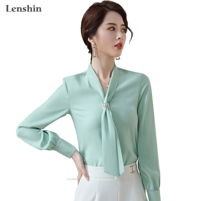 Shiny Fabric Shirts for Women V-neck Blouse with Bow Work Wear Office Lady Female Tops Chemise Loose style