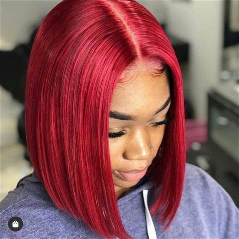 Short Bob Red Color Virgin Hair Silky Straight Human Hair 13*4 Lace Front Wig