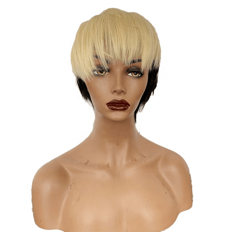 Short Bob Straight Pixie Cut None Lace Wig Ombre Black to Blonde Color Human Hair Lace Front Wigs