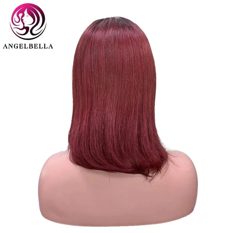 Short Bob Wigs With Bangs 180 Density Human Hair Lace Front Wigs Bone Straight Ombre Red Lace Wig
