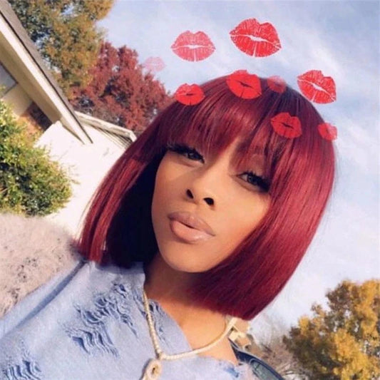 Short Bob Wigs With Bangs 180 Density Human Hair Lace Front Wigs Bone Straight Ombre Red Lace Wig