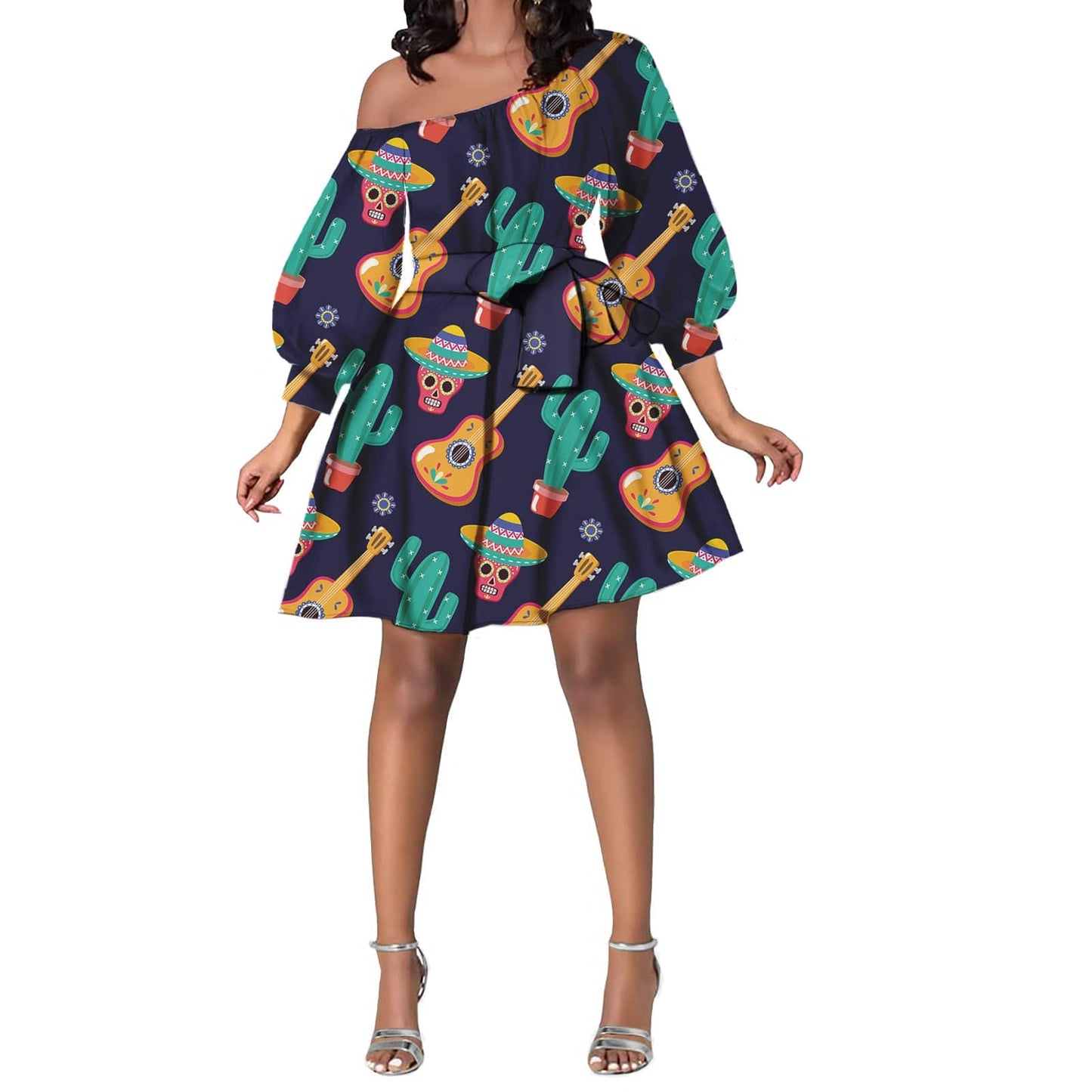 short dress L / BJM90041X7 Music Note Pattern One-Shoulder A-Line Mini Dress – Tie Waist Long Sleeve Club & Party Dress