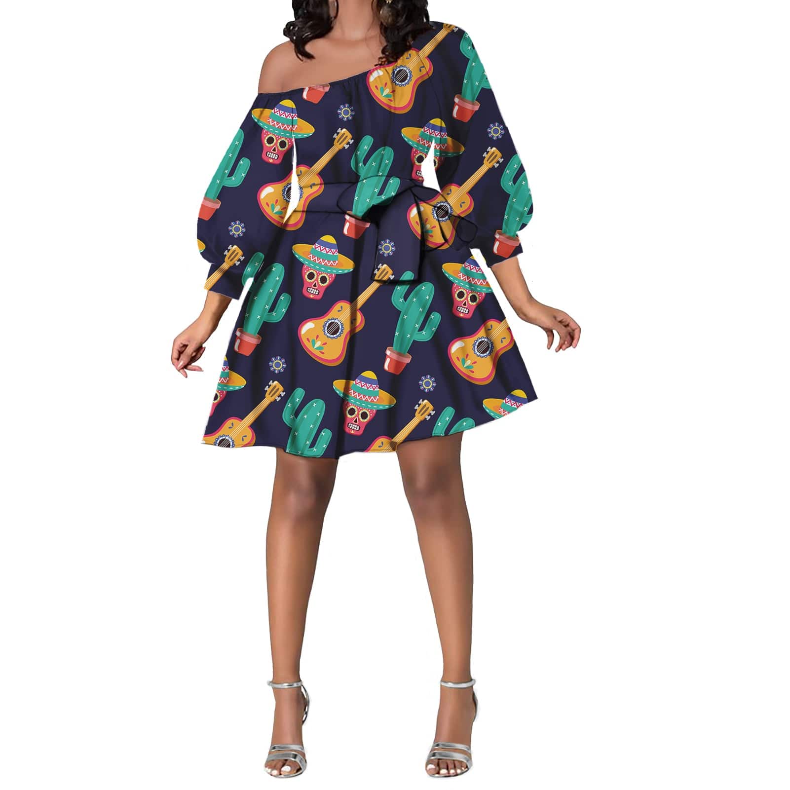 short dress Music Note Pattern One-Shoulder A-Line Mini Dress – Tie Waist Long Sleeve Club & Party Dress