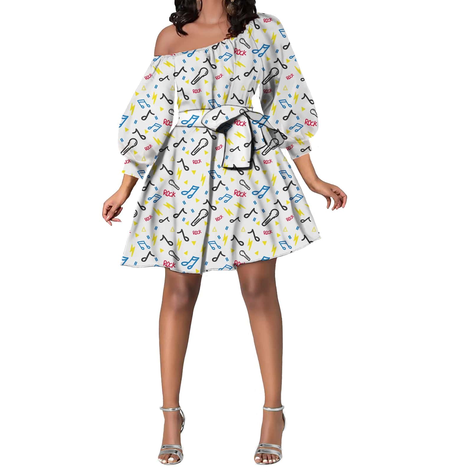 short dress Music Note Pattern One-Shoulder A-Line Mini Dress – Tie Waist Long Sleeve Club & Party Dress