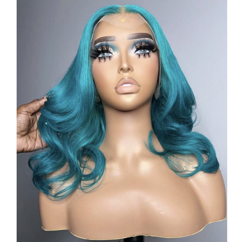 short human hair lace front wig body wave 360 lace wig blue color transparent lace front wigs for black women