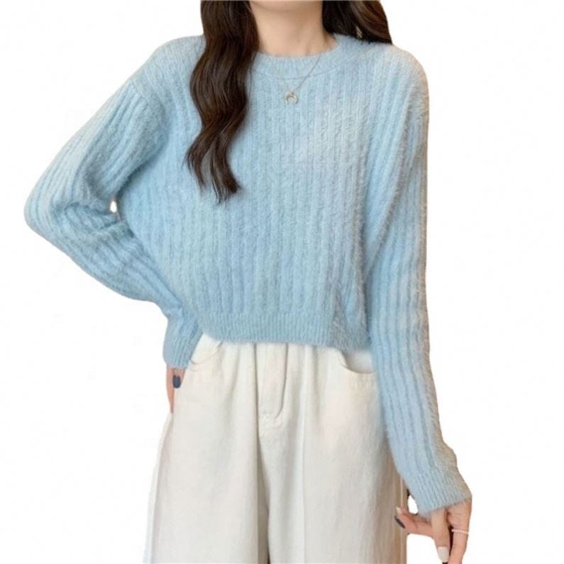 Short Mink Sweater Women's Solid Color Sweet All-Matching Graceful Pullover Fashion Knitwear Top