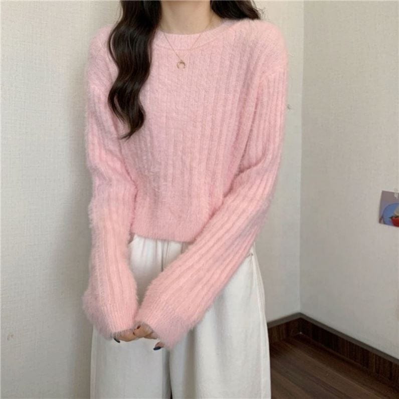 Short Mink Sweater Women's Solid Color Sweet All-Matching Graceful Pullover Fashion Knitwear Top