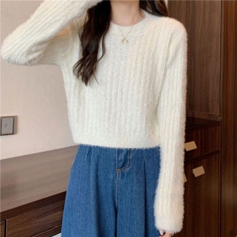 Short Mink Sweater Women's Solid Color Sweet All-Matching Graceful Pullover Fashion Knitwear Top