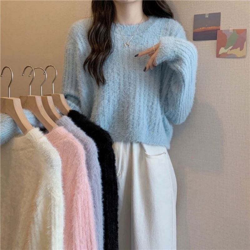 Short Mink Sweater Women's Solid Color Sweet All-Matching Graceful Pullover Fashion Knitwear Top