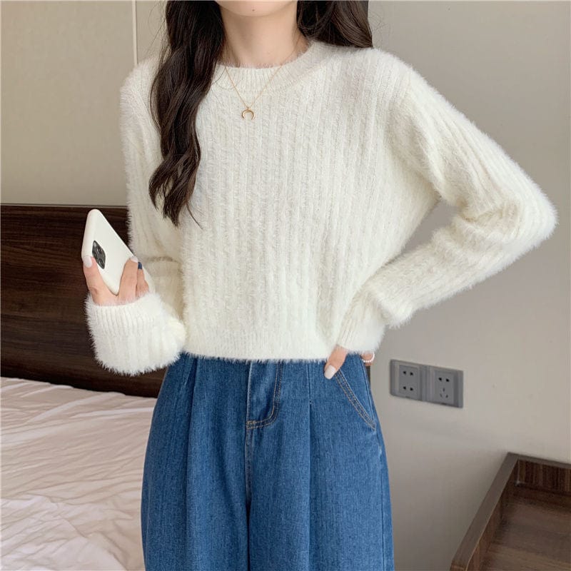 Short Mink Sweater Women's Solid Color Sweet All-Matching Graceful Pullover Fashion Knitwear Top