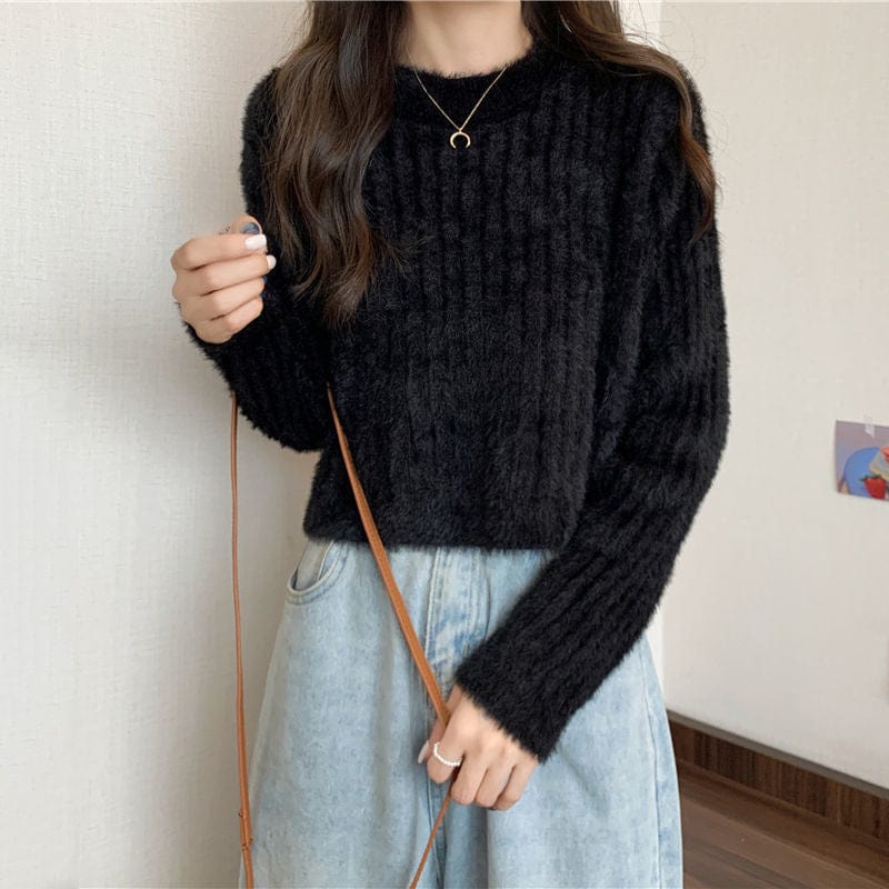 Short Mink Sweater Women's Solid Color Sweet All-Matching Graceful Pullover Fashion Knitwear Top