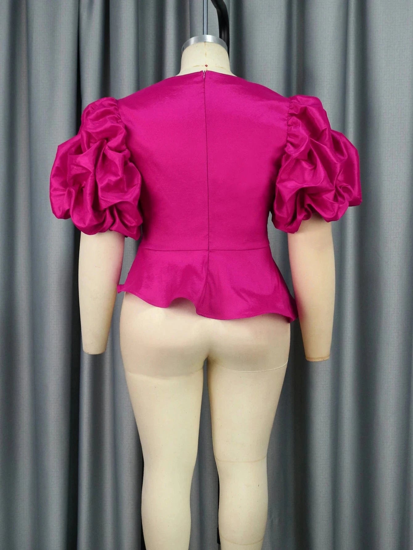 Short Puffy Sleeve AOMEI Wholesale Ruffle Peplum Women Hot Pink Blouse