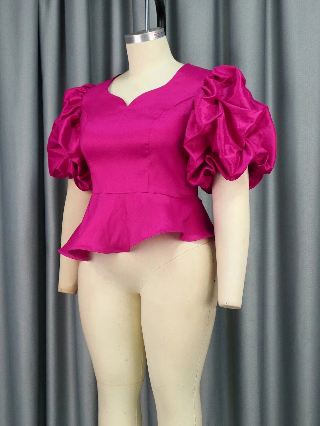 Short Puffy Sleeve AOMEI Wholesale Ruffle Peplum Women Hot Pink Blouse