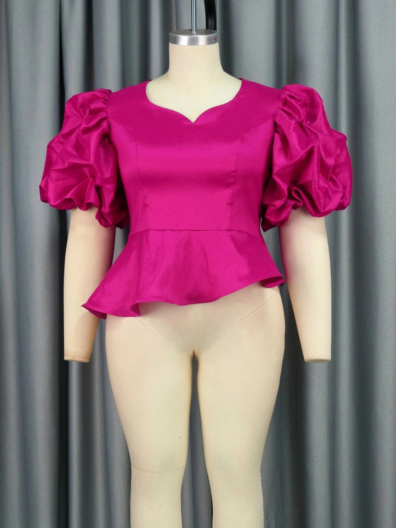 Short Puffy Sleeve AOMEI Wholesale Ruffle Peplum Women Hot Pink Blouse