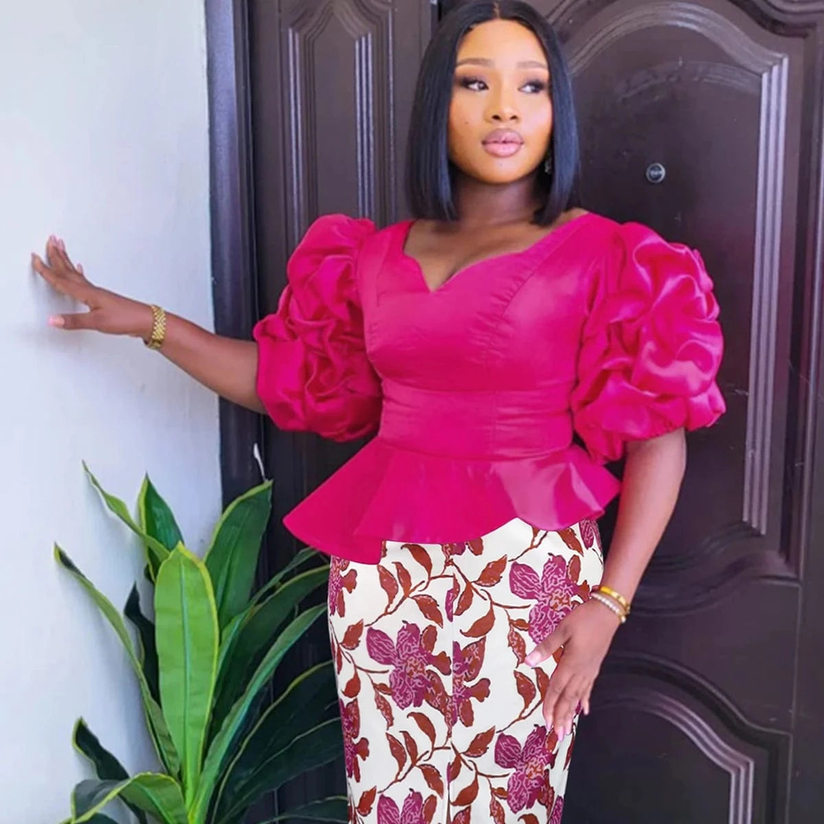 Short Puffy Sleeve AOMEI Wholesale Ruffle Peplum Women Hot Pink Blouse