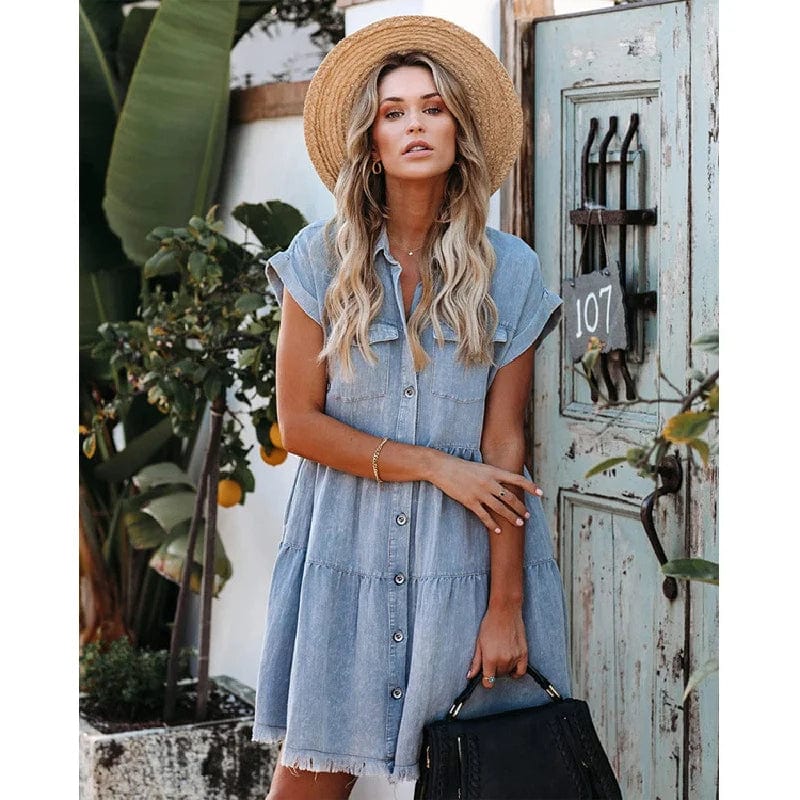 Short Sleeve Denim Dress Button Pocket Loose Women Casual Dresses