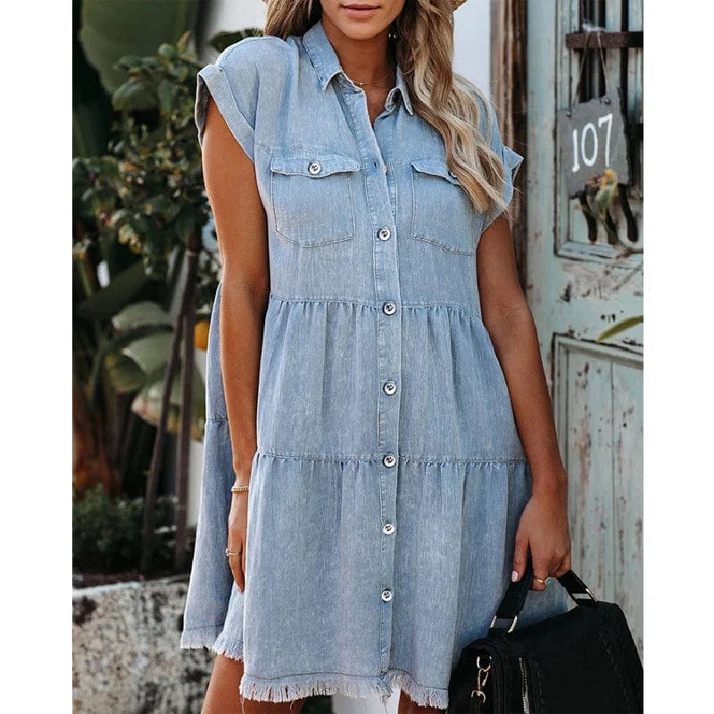 Short Sleeve Denim Dress Button Pocket Loose Women Casual Dresses