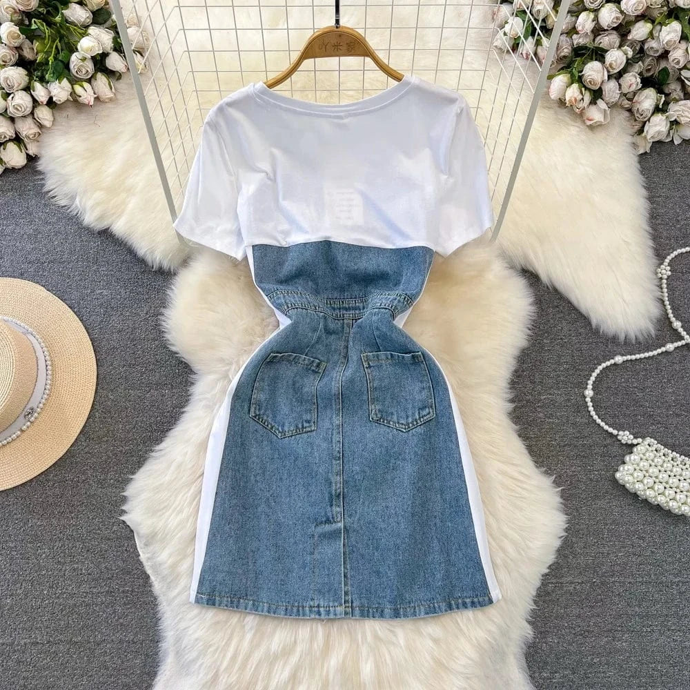 Short Sleeve O-neck Solid A-line Dress Summer Contrast Color Denim High Waist Midi Dress Ladies Casual Dress Clothes Women