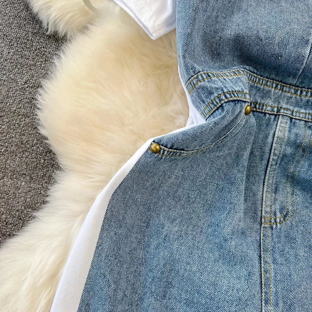 Short Sleeve O-neck Solid A-line Dress Summer Contrast Color Denim High Waist Midi Dress Ladies Casual Dress Clothes Women