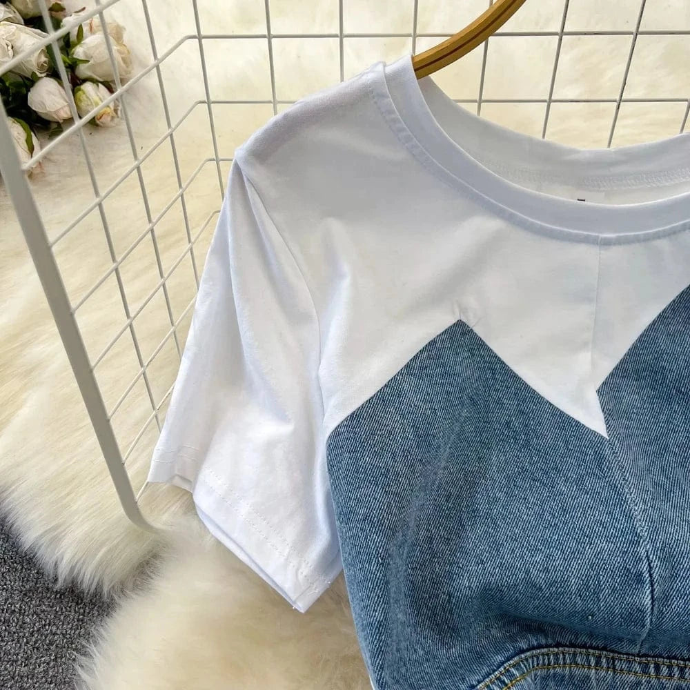 Short Sleeve O-neck Solid A-line Dress Summer Contrast Color Denim High Waist Midi Dress Ladies Casual Dress Clothes Women