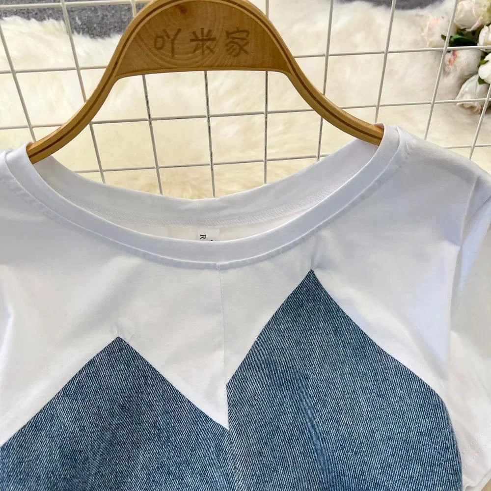 Short Sleeve O-neck Solid A-line Dress Summer Contrast Color Denim High Waist Midi Dress Ladies Casual Dress Clothes Women