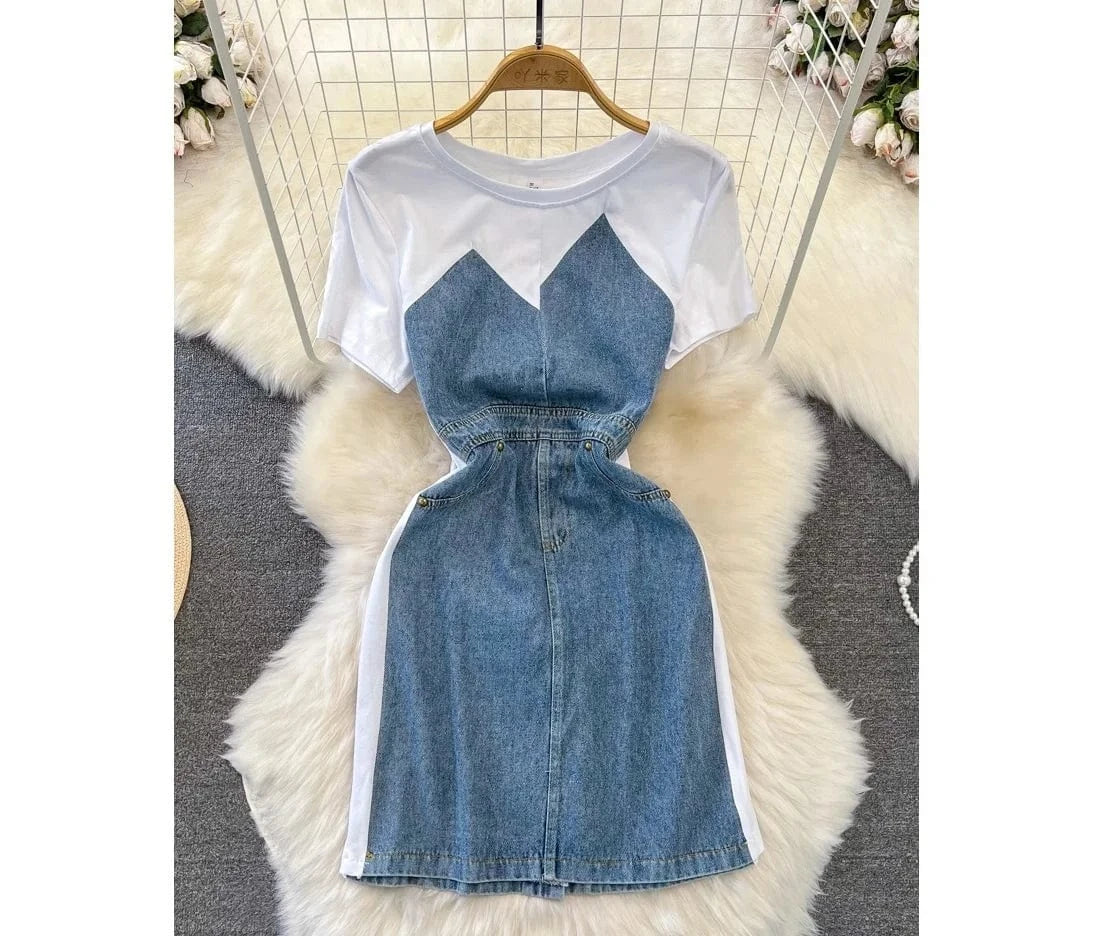Short Sleeve O-neck Solid A-line Dress Summer Contrast Color Denim High Waist Midi Dress Ladies Casual Dress Clothes Women