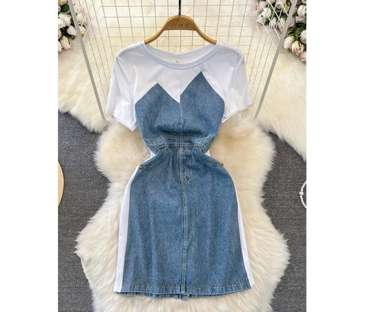 Short Sleeve O-neck Solid A-line Dress Summer Contrast Color Denim High Waist Midi Dress Ladies Casual Dress Clothes Women