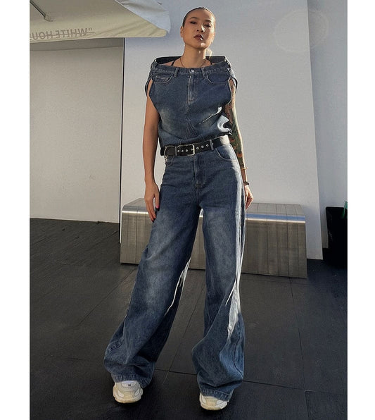 Show Personality Design Loose Pants Women's Clothing 2023 New Irregular Tops High Waist Casual Denim Suit Belt Two Piece Set