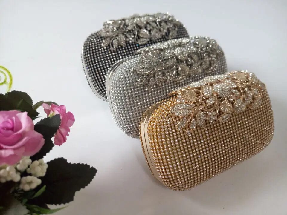 Show Women's Fashion And Noble Quality Of Silver Shining Bag Inlaid With Diamond Leaves Flower Clutch Dinner Bag