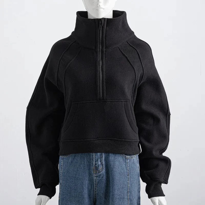 Silk screen printing / S / Black Manufacture GYM Sport wear Winter Thickness Thumb Hole Stand Collar Half zip up Sweatshirts with kangaroo Pockets custom logo