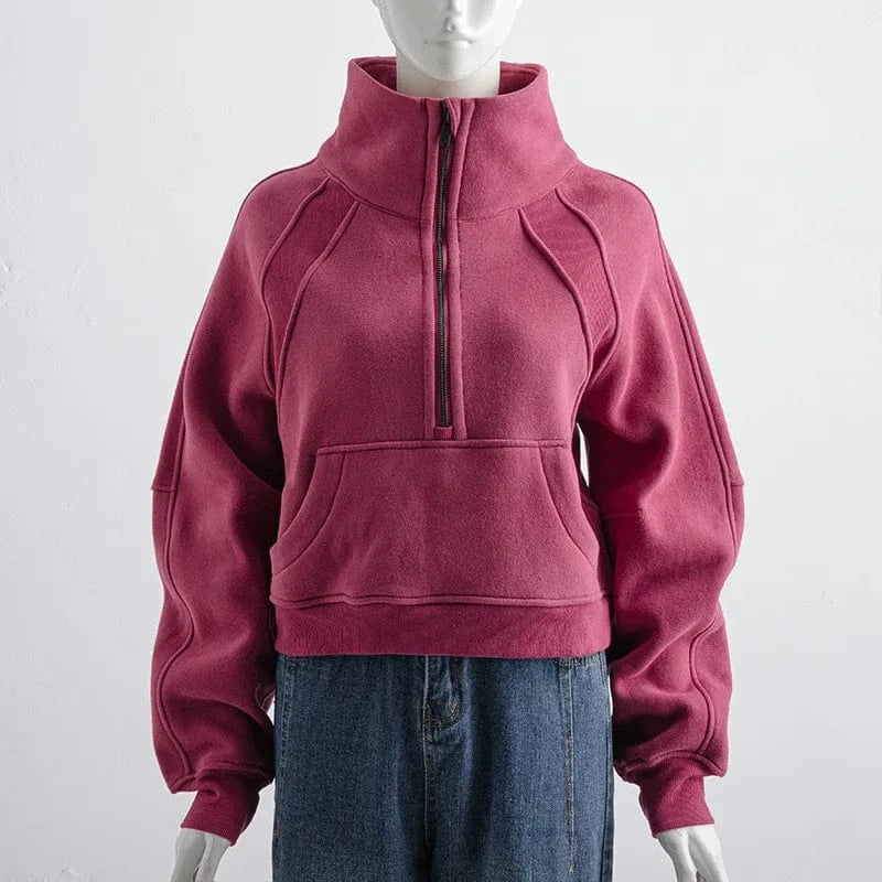 Silk screen printing / S / Dark Red Manufacture GYM Sport wear Winter Thickness Thumb Hole Stand Collar Half zip up Sweatshirts with kangaroo Pockets custom logo