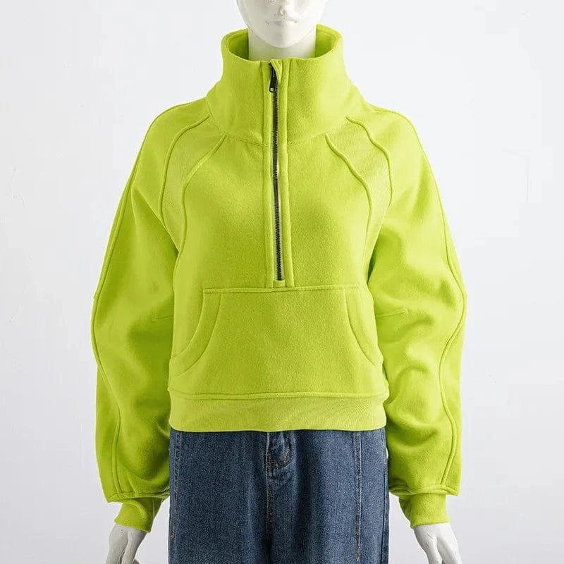 Silk screen printing / S / green Manufacture GYM Sport wear Winter Thickness Thumb Hole Stand Collar Half zip up Sweatshirts with kangaroo Pockets custom logo