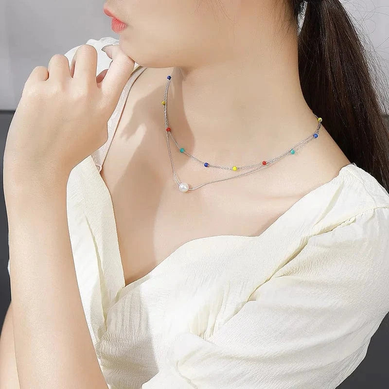 silver 925 sterling silver rainbow color chain necklace jewelry charms oil drop enamel bead necklace for girl women jewelry